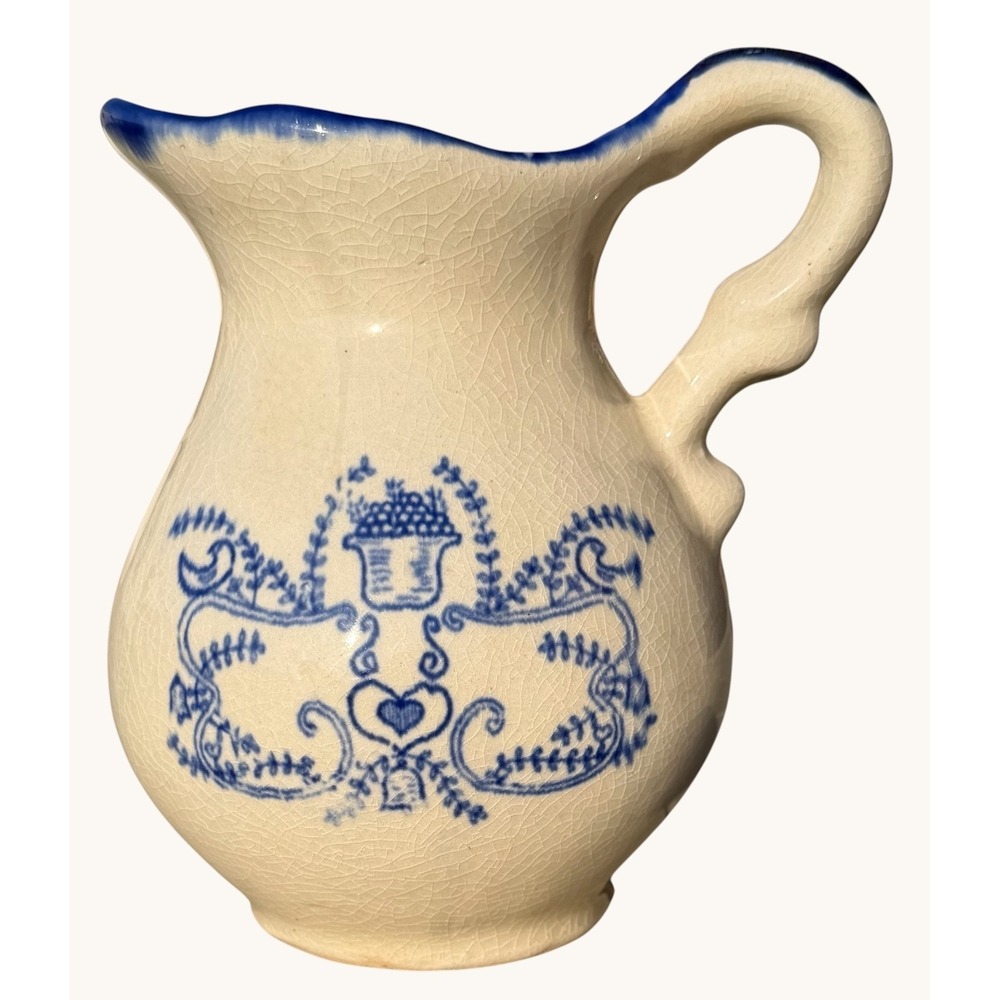 Vintage Blue Folk Art Pitcher 6" Hand Painted Crazed Pottery Artisan
